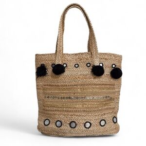 Muche Muchette 100% Jute Boho Pom Pom Extra-Large Beach Tote Bag